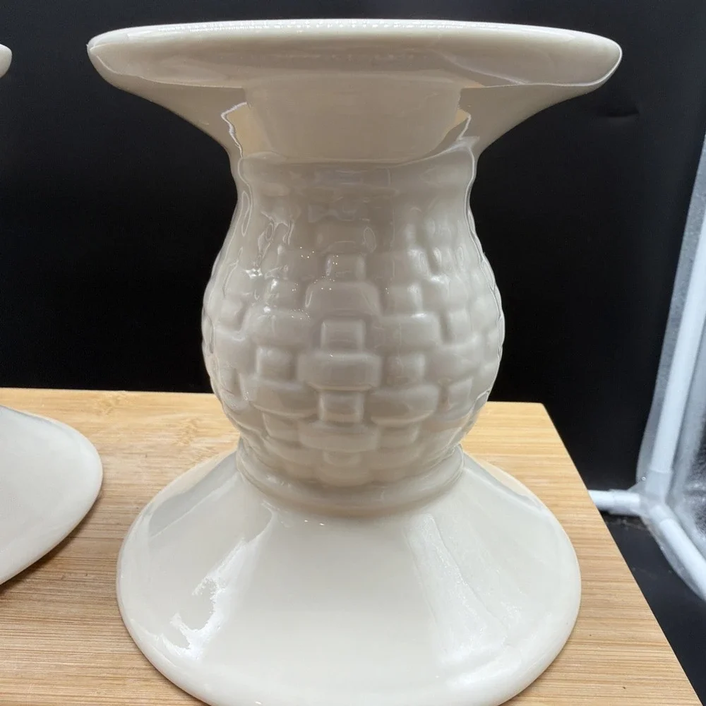 Pair Of Longaberger Ivory Woven Traditions Pedestal Pillar Candle Holders 5